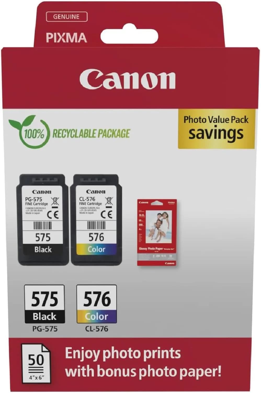 Canon PG-575+CL-576 Noir(e) / Plusieurs couleurs / Blanc Value Pack + 10x15 cm Fotopapier 50 Blatt