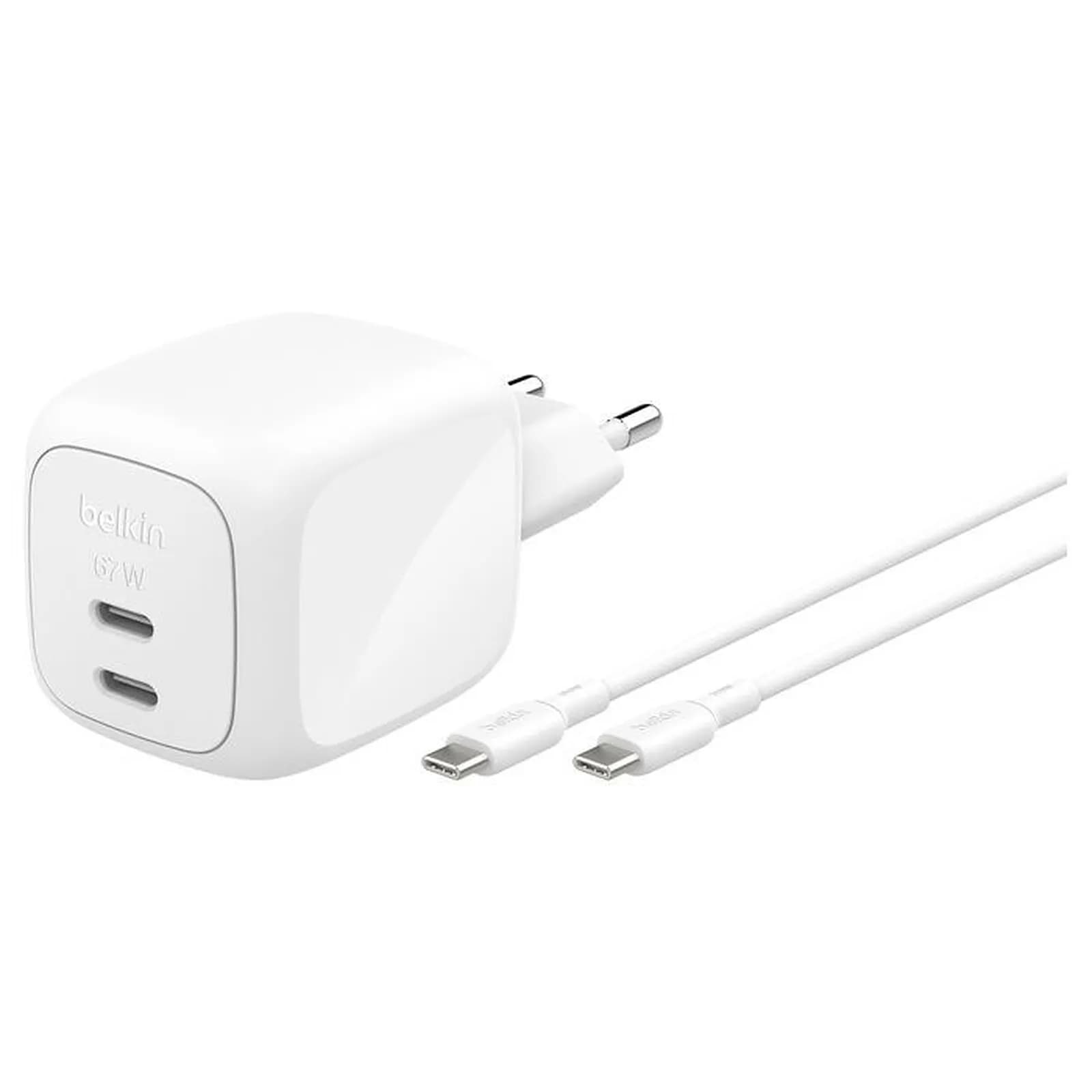 Belkin Chargeur USB-C 65W double USB-C pour ordinateur, Téléphone et Tablette avec câble de 2m (Blanc)