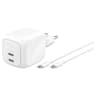 Belkin Chargeur USB-C 65W double USB-C pour ordinateur, Téléphone et Tablette avec câble de 2m (Blanc)