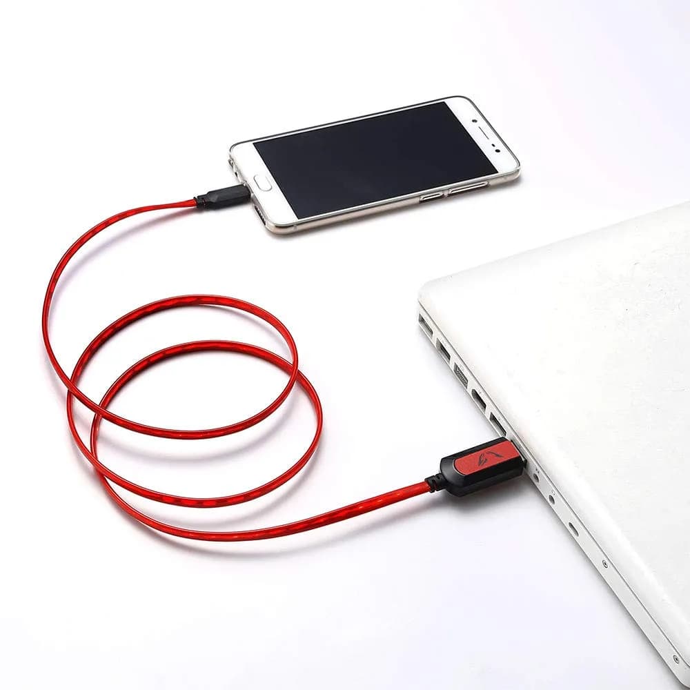 WE Gamium Câble USB C LED Lumineux Plat 1M - Connecteur Ultra Résistant Gaming - Charge Rapide - Recharge Manette et Portable - Lumineux - Rouge