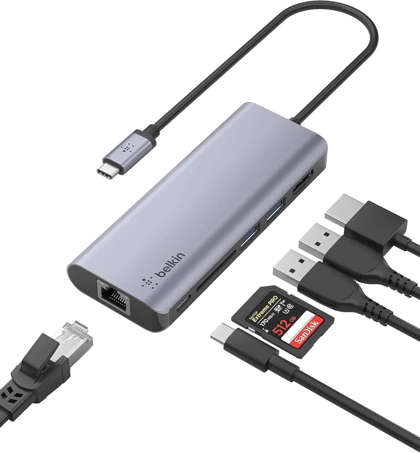 Belkin Adaptateur USB-C multiport 6-en-1 (4K HDMI, USB-C PD Pass-Through 100 W, 2 x USB A, Gigabit Ethernet, lecteur de carte SD, pour MacBook Pro, Air, iPad Pro, XPS, etc.)
