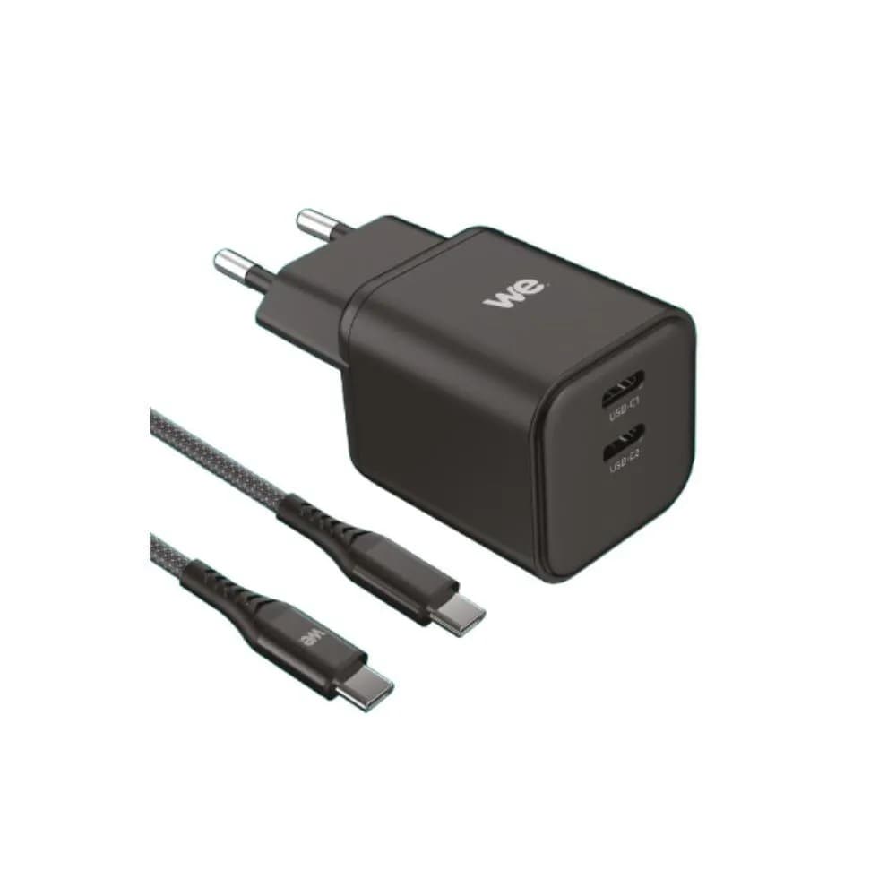 WE Chargeur secteur PC GaN 100 W à 2 ports USB-C avec câble USB-C/USB-C 2 m noir