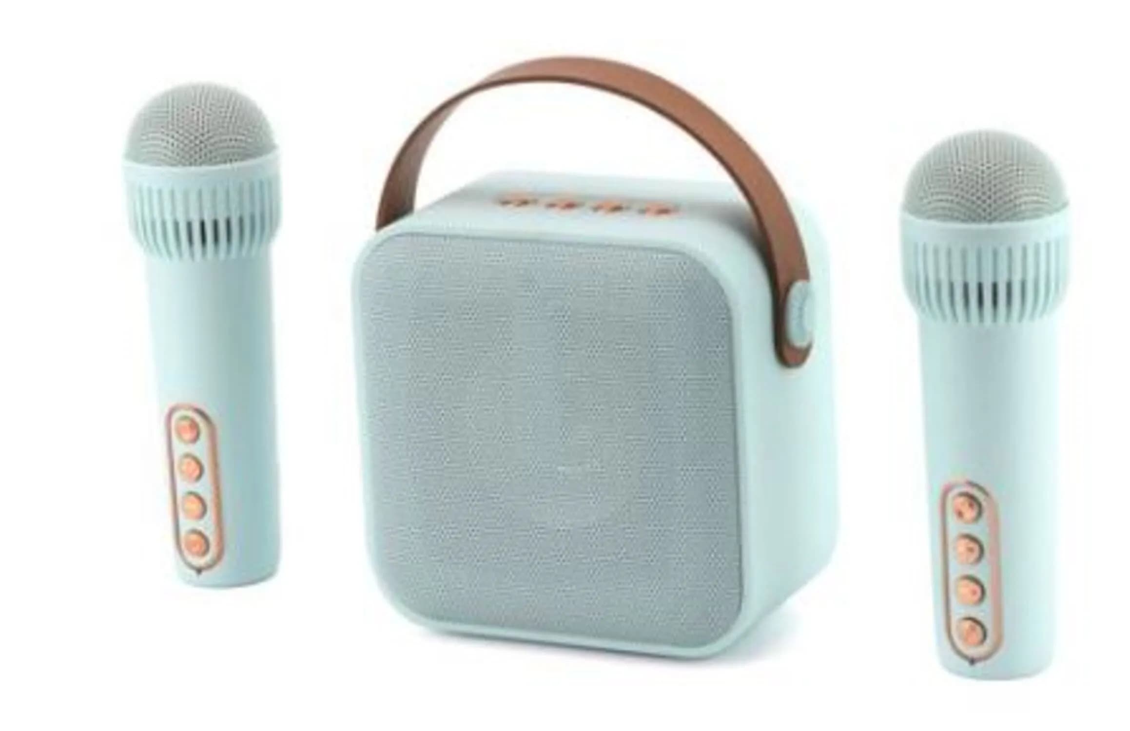 WE POP Mini enceinte karaoké avec poignée, Bluetooth 5.4, rechargeable, 2 micros, style rétro, bleu