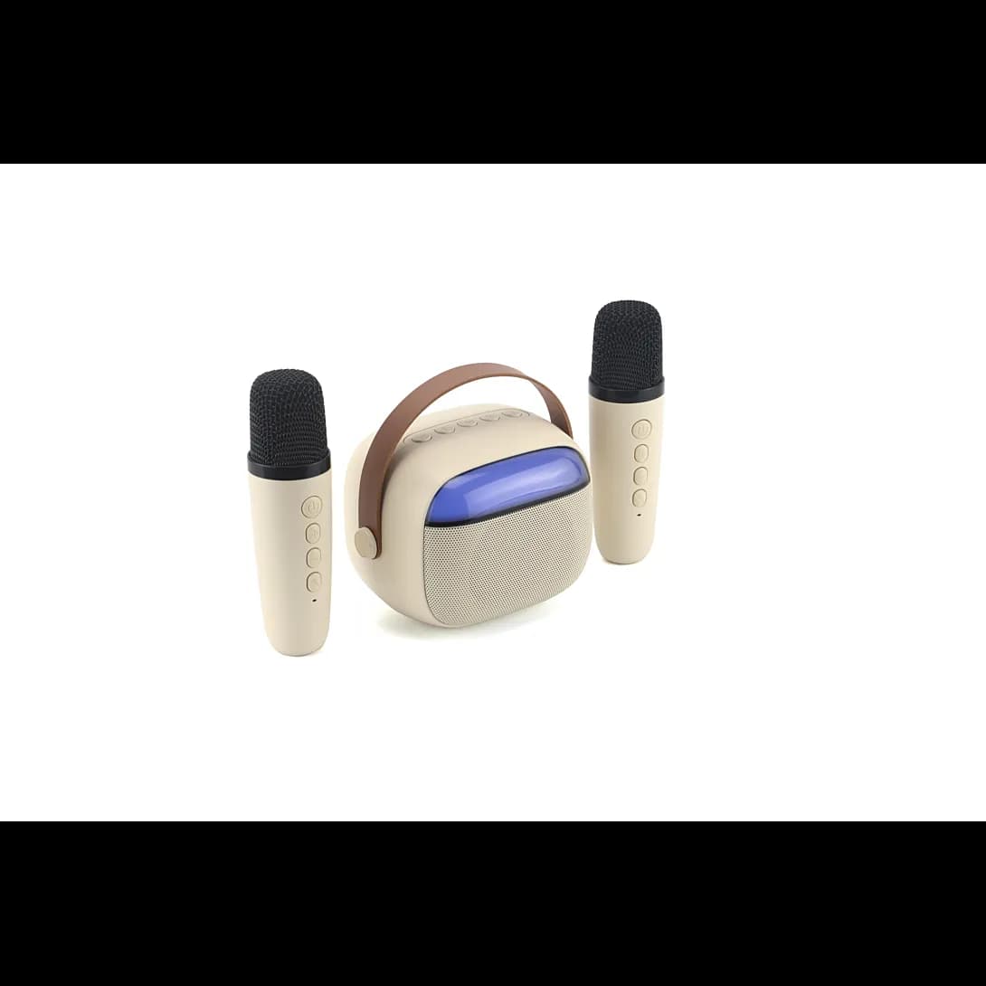 WE POP Mini enceinte karaoké à LED avec poignée, Bluetooth 5.4, rechargeable, 2 micros, beige