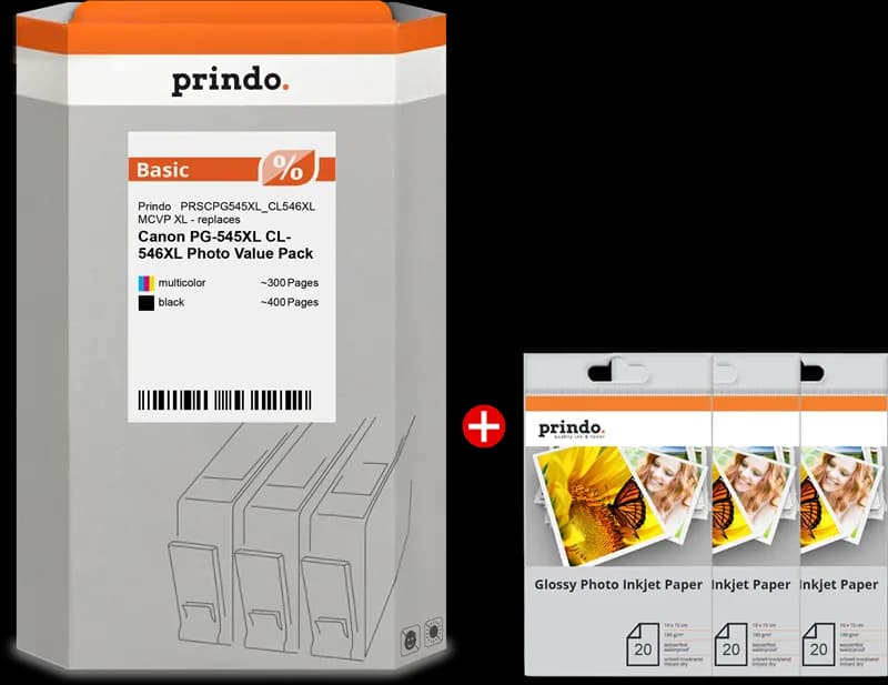Prindo Basic XL Value Pack compatible Canon PG-545XL + CL-546XL – noir et multicolore avec papier photo