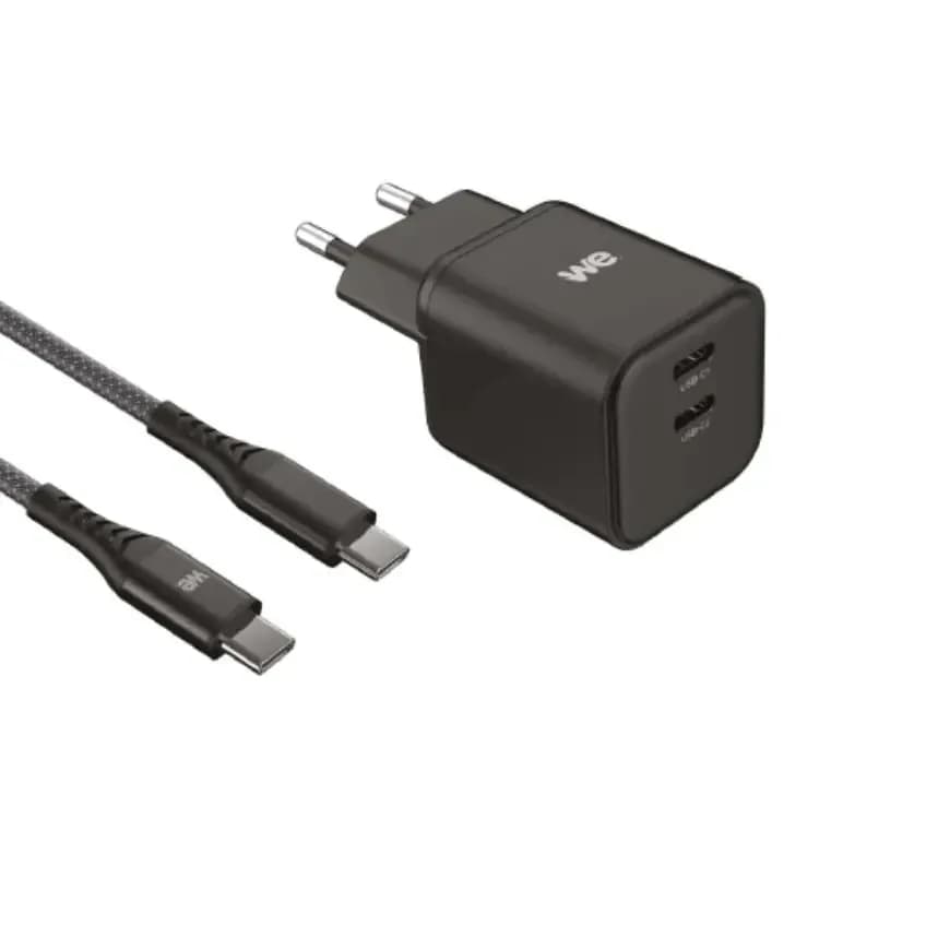 We Bundle chargeur WE PC GaN 2 ports USB-C 65 W PD3.0 avec câble USB-C/USB-C 2 m noir