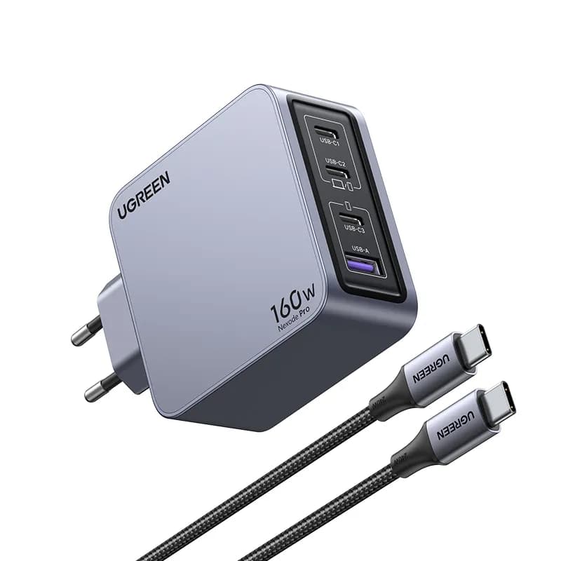 Ugreen Nexode Pro 160W GaN Charger with USB-C Cable Universel Noir, Gris Secteur Charge rapide Intérieure