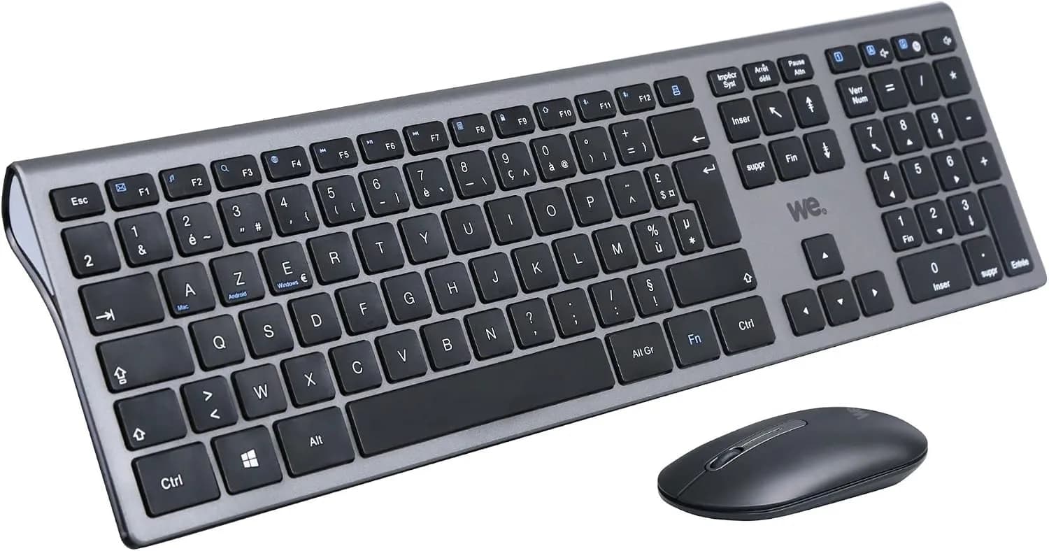 WE Bundle Clavier Souris sans Fil Connexion BT et 2.4Ghz Aspect Alu, Connexion Multi Dispositif (jusqu'à 3 appareils), 12 Touches multimédia, Piles Inclus